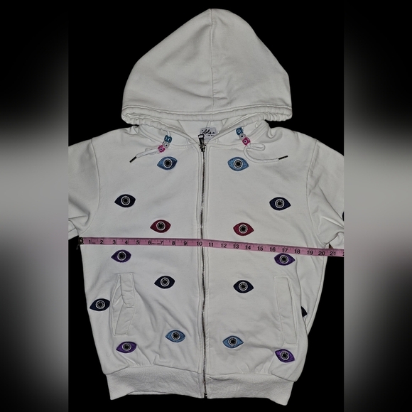 Lola + The Boys Evil Eye Hoodie Womens White Beaded Embroidered Zip Sz M - Picture 10 of 16